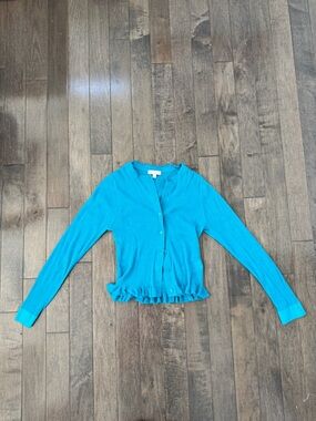 J. Crew Turquoise Ruffle-Hem Button Cardigan